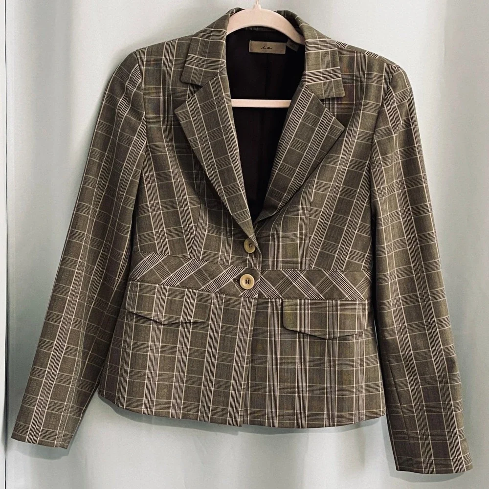 i.e.‎ Womens Pink Beige Plaid Blazer Jacket Academia Clueless Preppy Peplum Sz 6